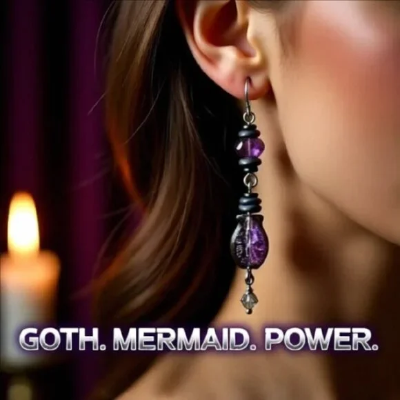 Purple + Black Iridescent Glass Fish Danglers ~ Goth + Beachy! Sea Life Earrings - Picture 13 of 13